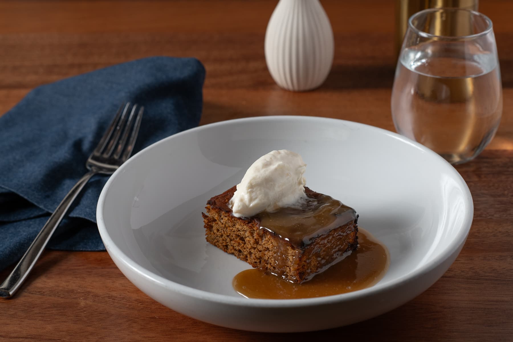 Dessert with caramel sauce and whipped cream