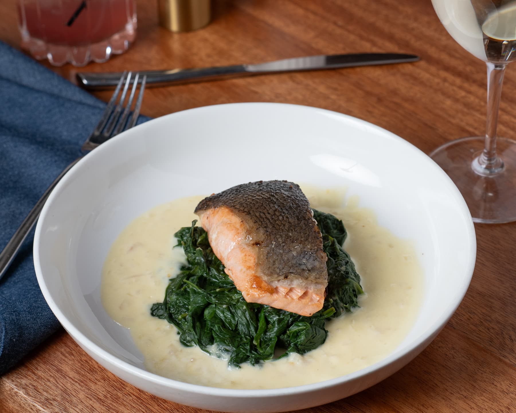 Faroe Island salmon with spinach and champagne beurre blanc